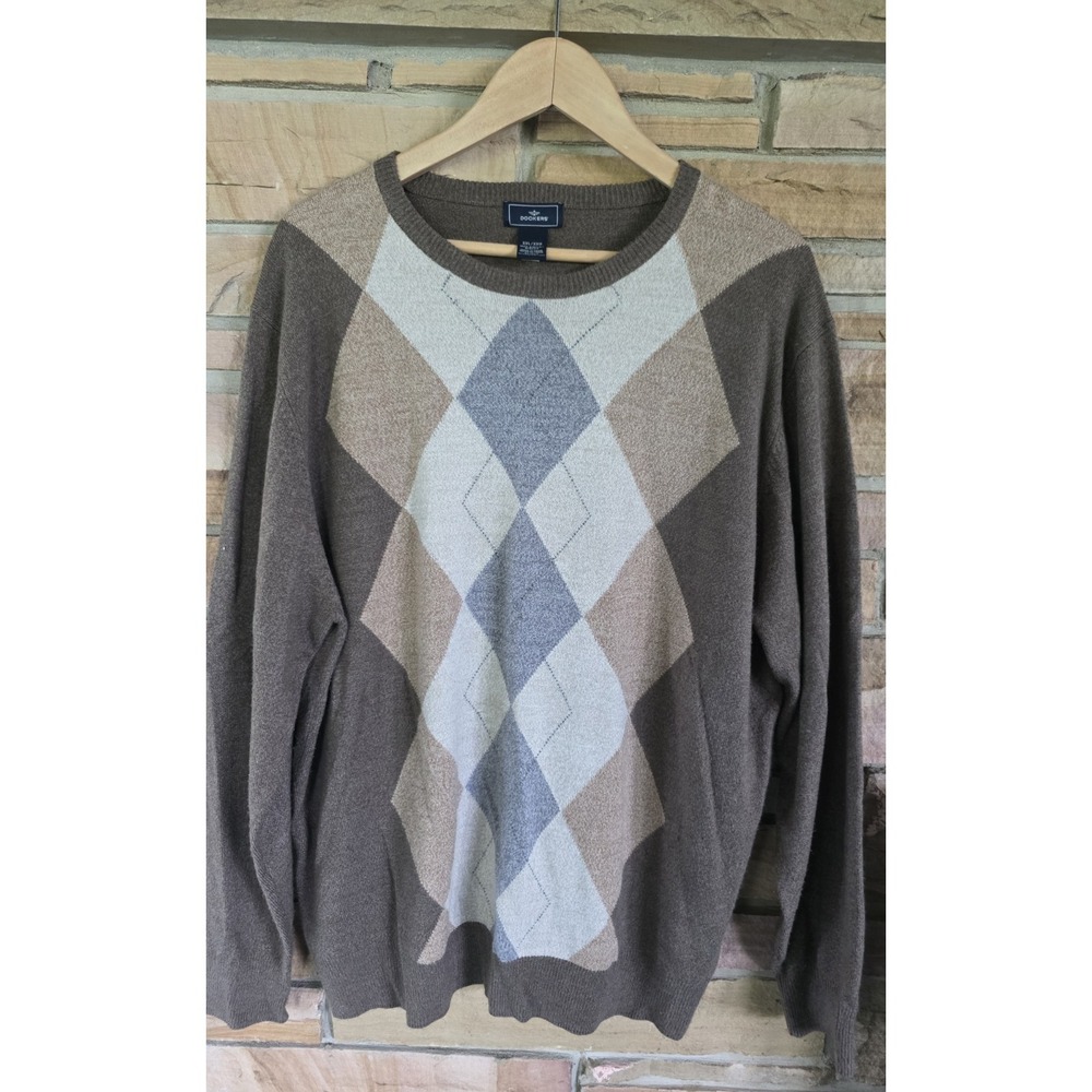 Dockers Men's XXL Brown Argyle Crew Neck Sweater  Acrylic Long Sleeve Classic